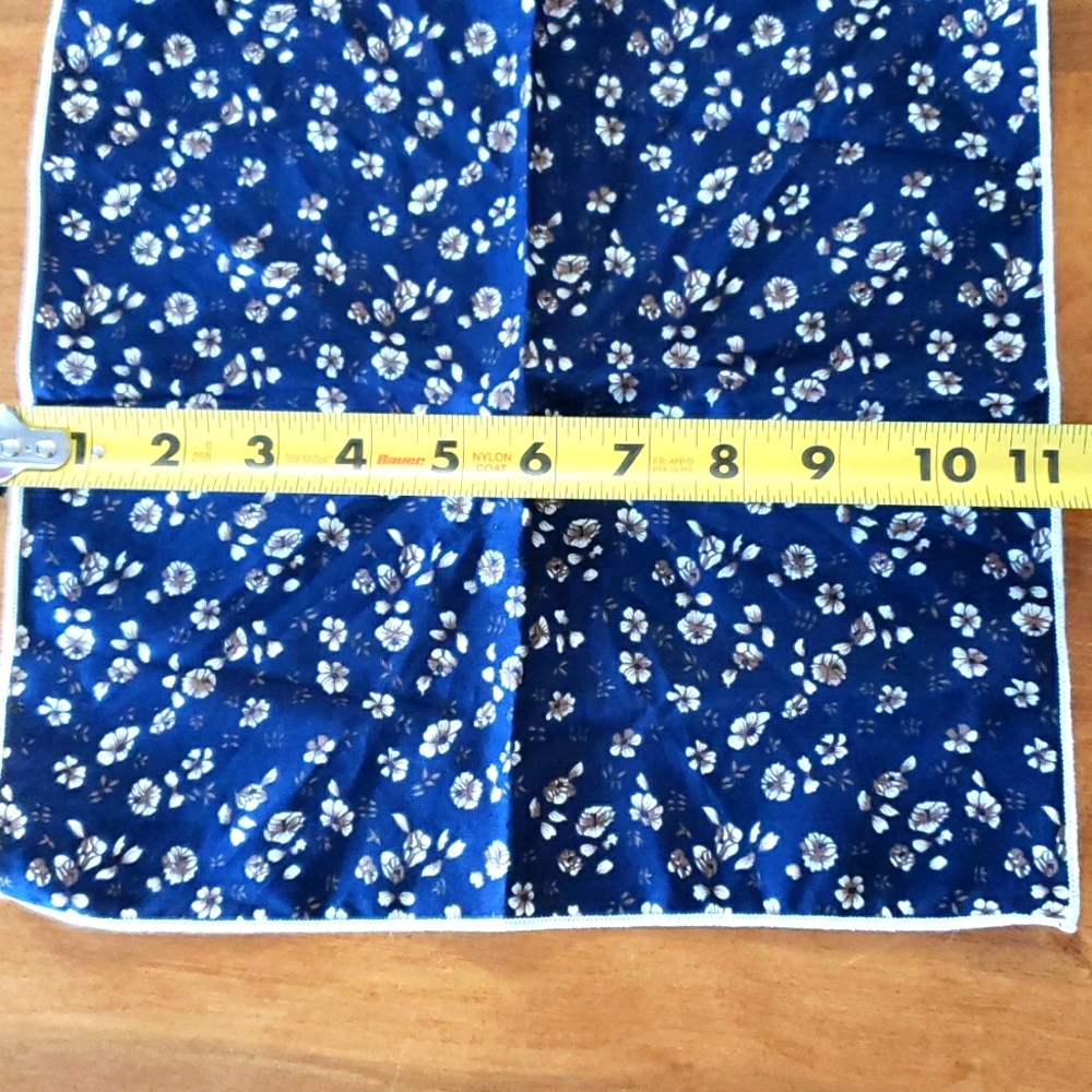 Floral cotton pocket square. Navy blue with white and brown flowers. - Picture 4 of 4